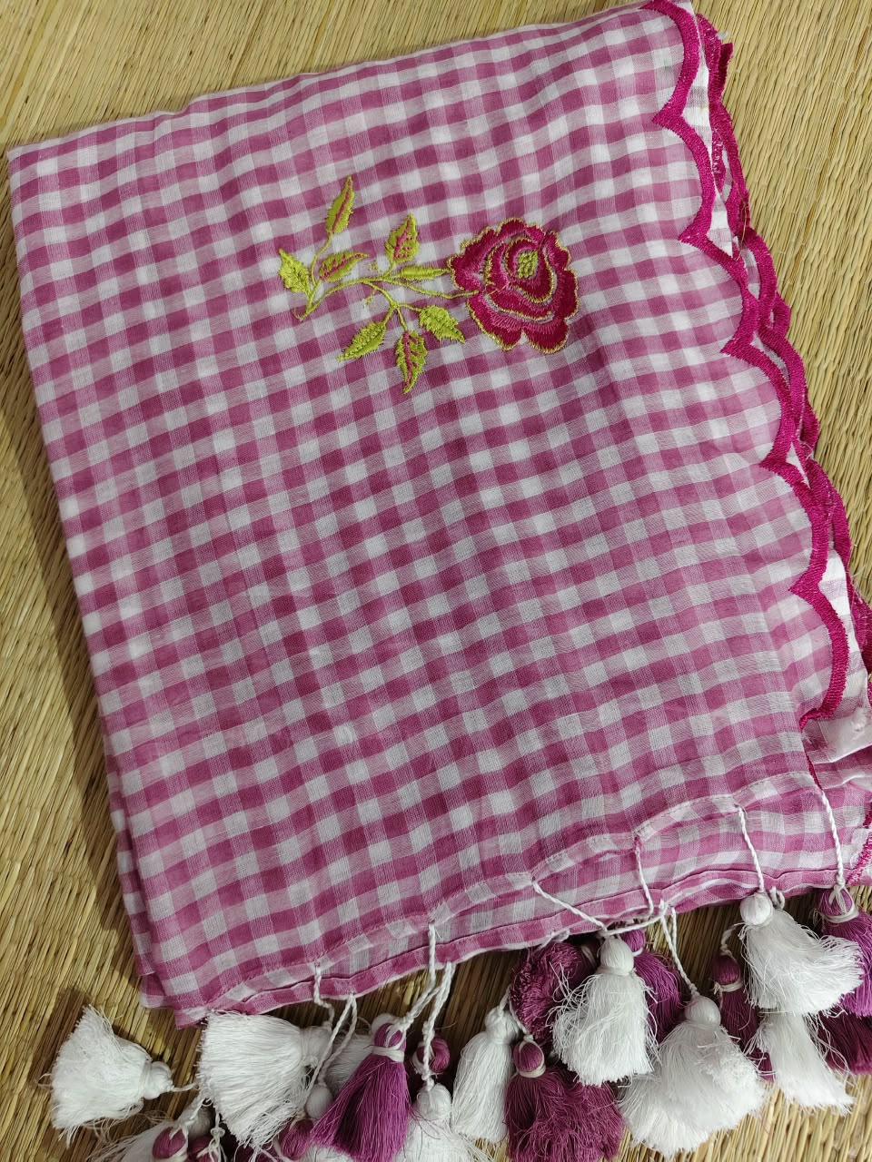 Check with scalp embroidery  Saree