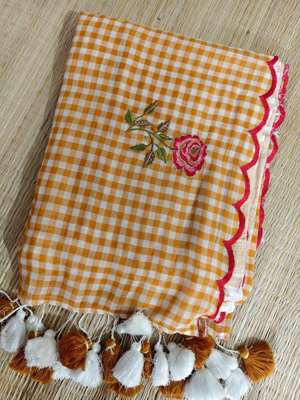 Check with scalp embroidery  Saree