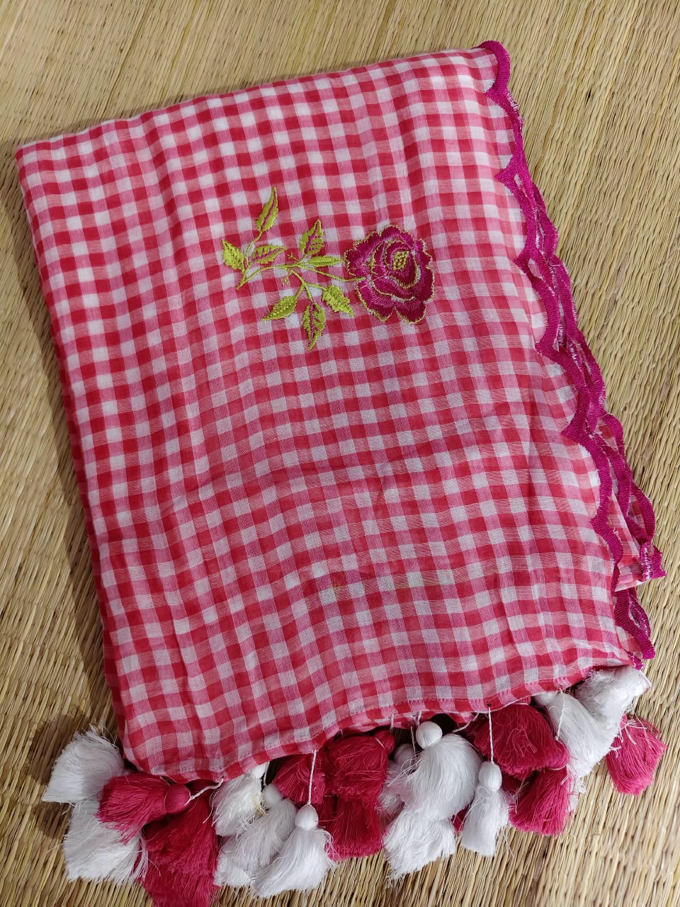 Check with scalp embroidery  Saree