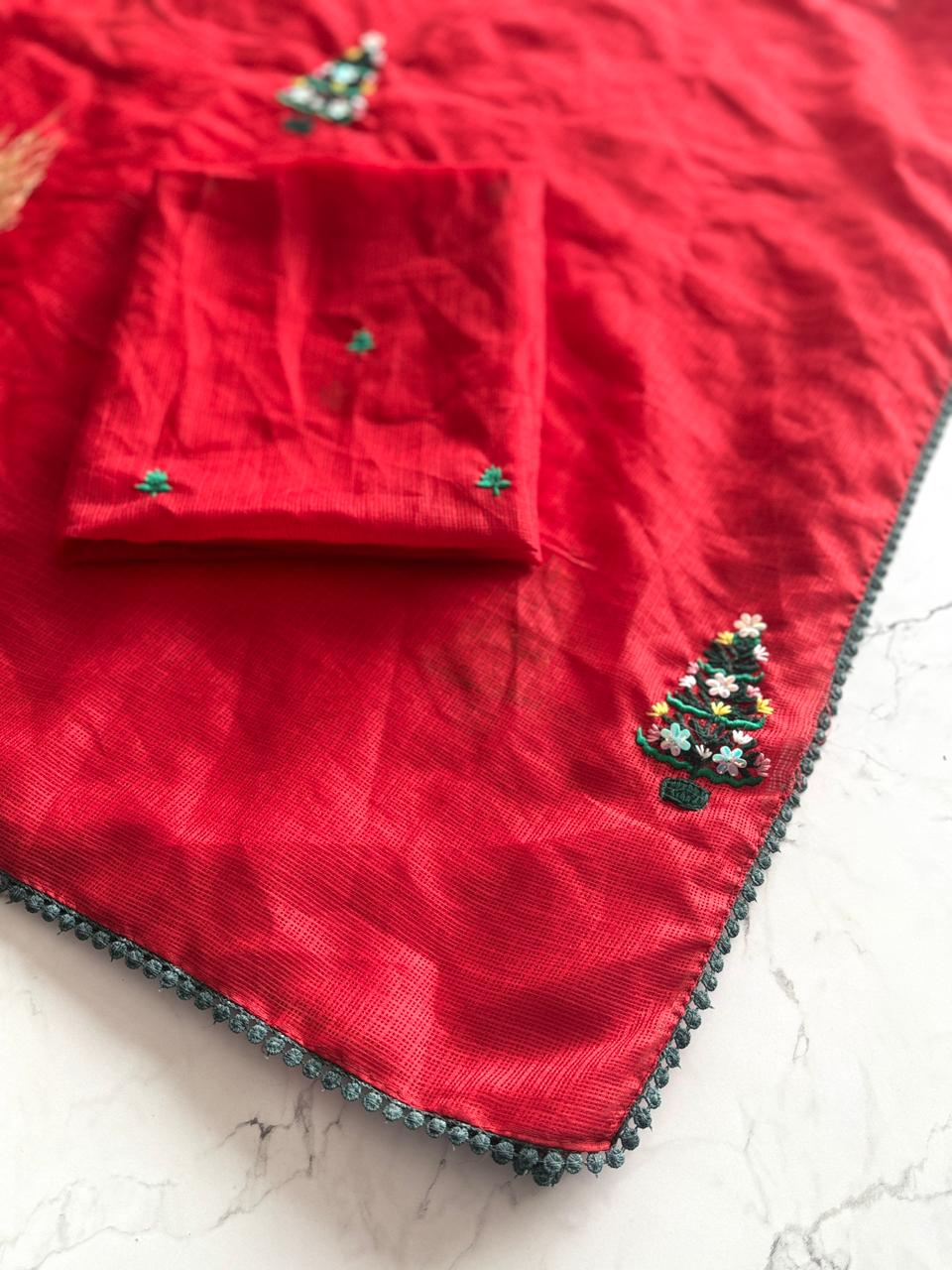 Red Christmas Tree Motif Saree