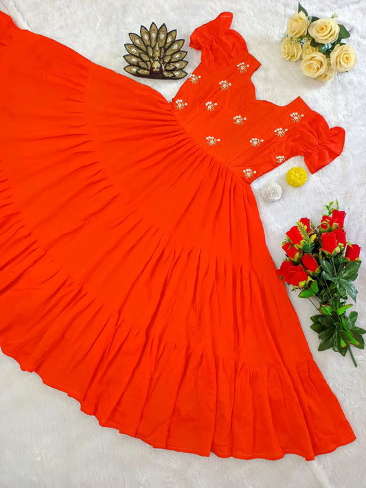 Designer Soft Cotton Midi Dress with Hand Pearl Work