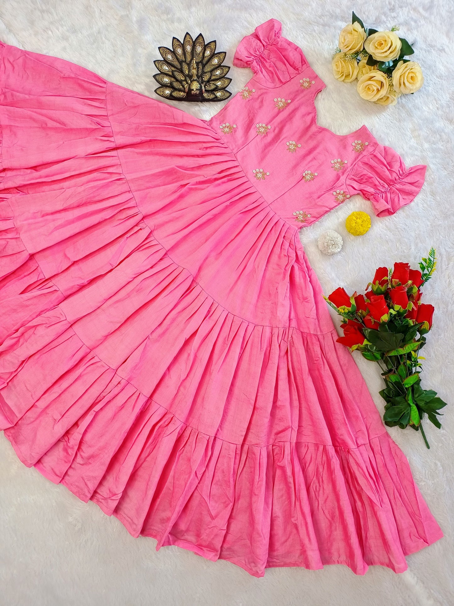Designer Soft Cotton Midi Dress with Hand Pearl Work